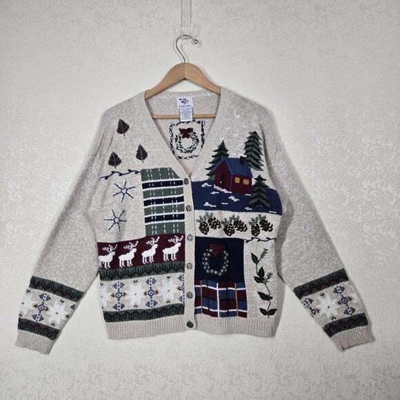 VTG Nutcracker Cardigan Sweater sz L Beige Multi Cabincore Cottagecore Holiday - Picture 14 of 14